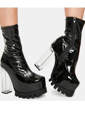 Darker Wavs Black Patent Platform Sock Boots w/ Clear Graphic Heels – Size 9